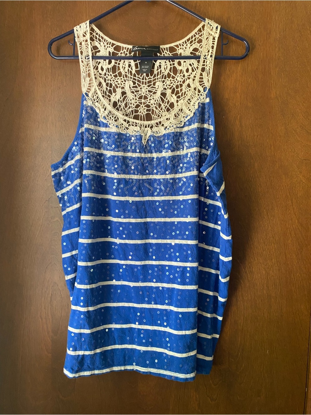 Lane Bryant Blue Striped Tank with Cream Crochet Yoke